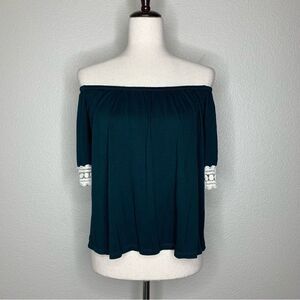 Rainbow & Cupcakes Green Crochet Trim Off Shoulder Top